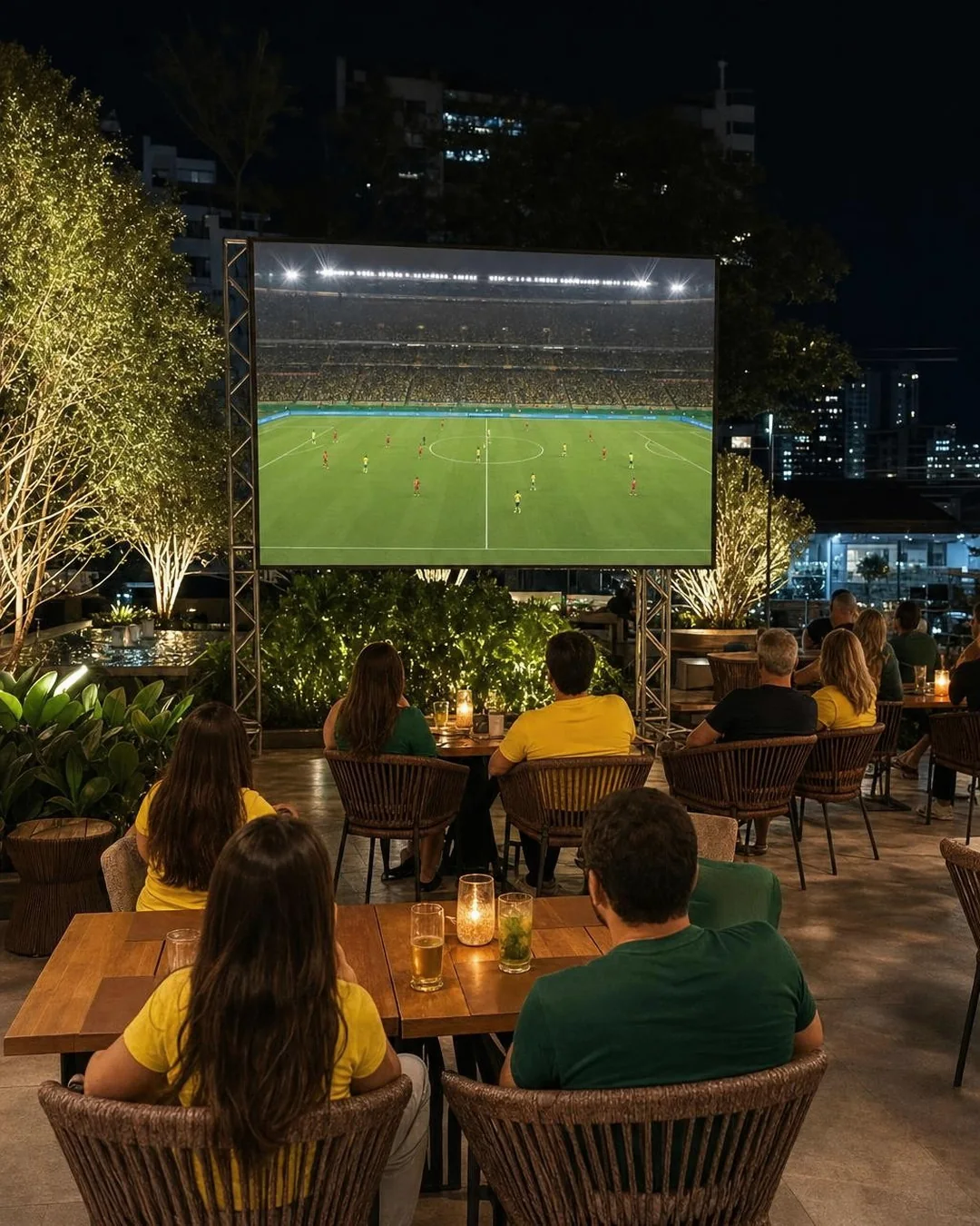 Ambiente do Casa do Sol preparado para assistir aos jogos da Copa
